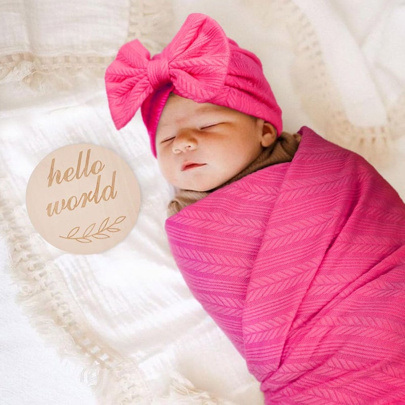 DRESHOW BQUBO Baby Swaddle Blankets for Girls, 4PCS Newborn Accessories Set with Matching Hat and Bow Headband with Hello World Wooden Birth Announcement Card - Image 2